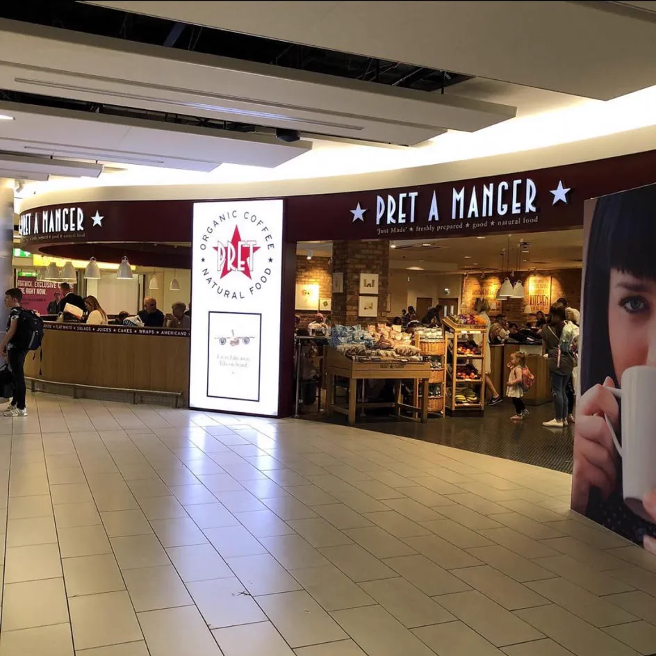 Pret A Manger storefront in the Arrivals hall at Gatwick South Terminal